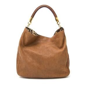 YSL Yves Saint Laurent Large Roady Hobo Cognac Leather Leopard Print Lining